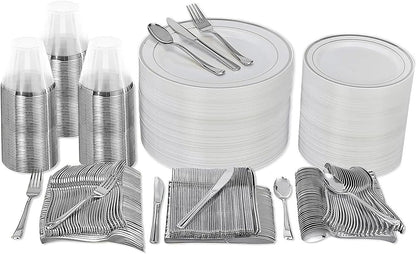 Conjunto de Louça Descartável para Festa Prestee com 600 Peças para 100 Convidados, Talheres Dourados Descartáveis com Pratos, Copos, Facas, Garfos e Colheres
