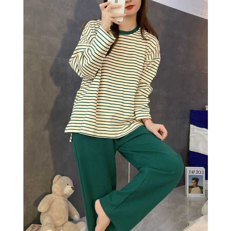 Women's Fall Pajamas with Chest Pads Striped Long Sleeve Plus Size O-Neck Simple Casual Fashion Korean School Pajamas Homewear