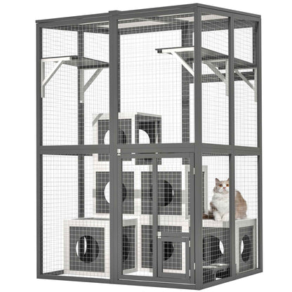 Cercadinho Gatos ao Ar Livre Deluxe - Catio de Madeira Maciça com 2 Plataformas de Salto, 7 Casas Aconchegantes e Acesso Caminhável