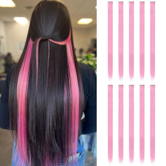 10 Pcs Extensões de Cabelo Rosa Sintético 22 Polegadas Liso Cabelo Colorido com Clipe Destaque para Festa de Crianças e Mulheres Presente