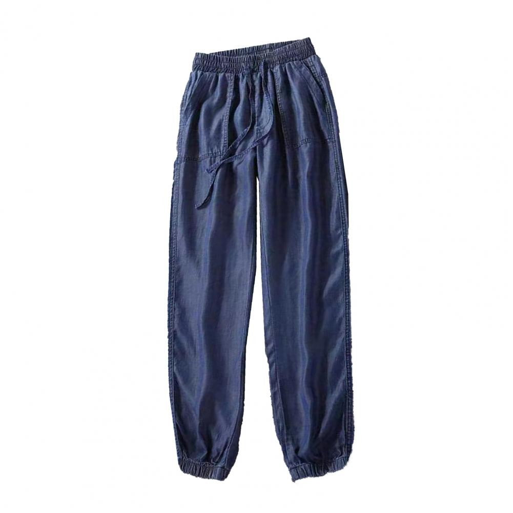 Summer Thin Ice Silk Jeans Women Elastic High Waist Drawstring Harem Pants Loose All-matched Beam Leg Nine Points Denim Pants