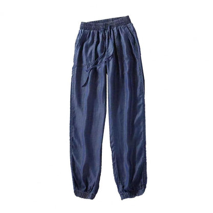 Summer Thin Ice Silk Jeans Women Elastic High Waist Drawstring Harem Pants Loose All-matched Beam Leg Nine Points Denim Pants