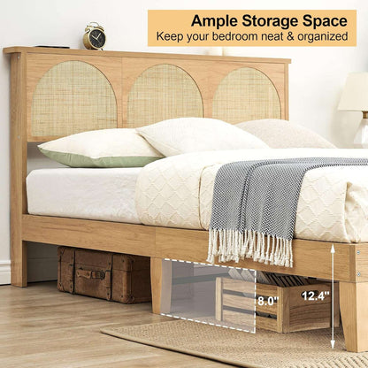 Estrutura de Cama de Casal com Cabeceira de Rattan Natural, Estrutura de Cama Plataforma de Casal com Luzes LED e Cabeceira de Rattan, Madeira