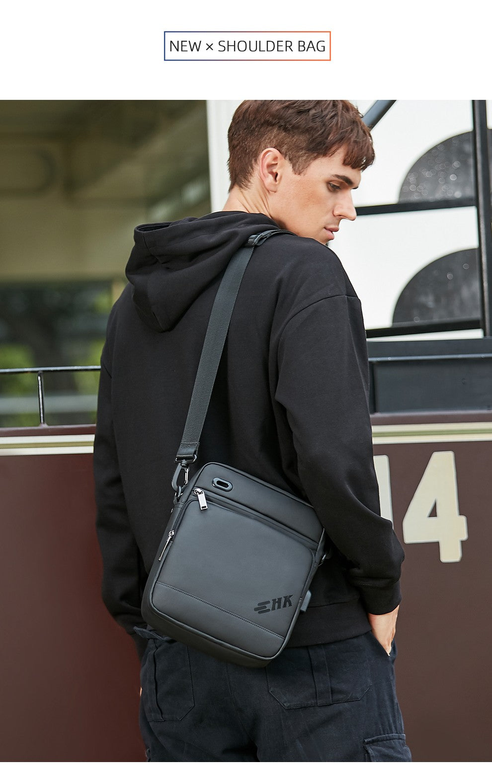 HK Casual Men's Shoulder Bag Large Crossbody Bag USB Charging Travel Sports Chest Bags Waterproof Sling Pack With Headphone Jack