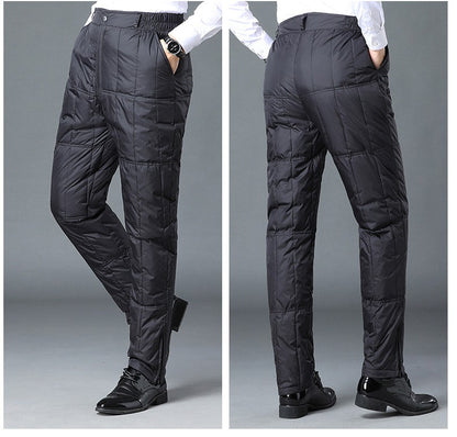 Inverno Masculino Calça de Pato Branco Cintura Alta Engrossada Quente Corta-Vento Térmica Calças para Homem de Meia-Idade PT-593