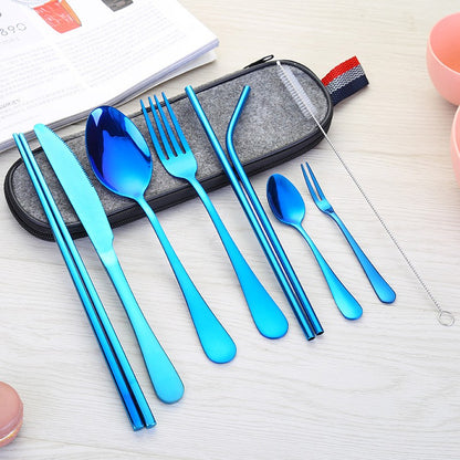 Conjunto de Talheres de Aço Inoxidável, Portátil, Faca, Garfo, Colher, Hashi, Canudo, Ocidental, Presente de Viagem, Conjunto de 9 Peças