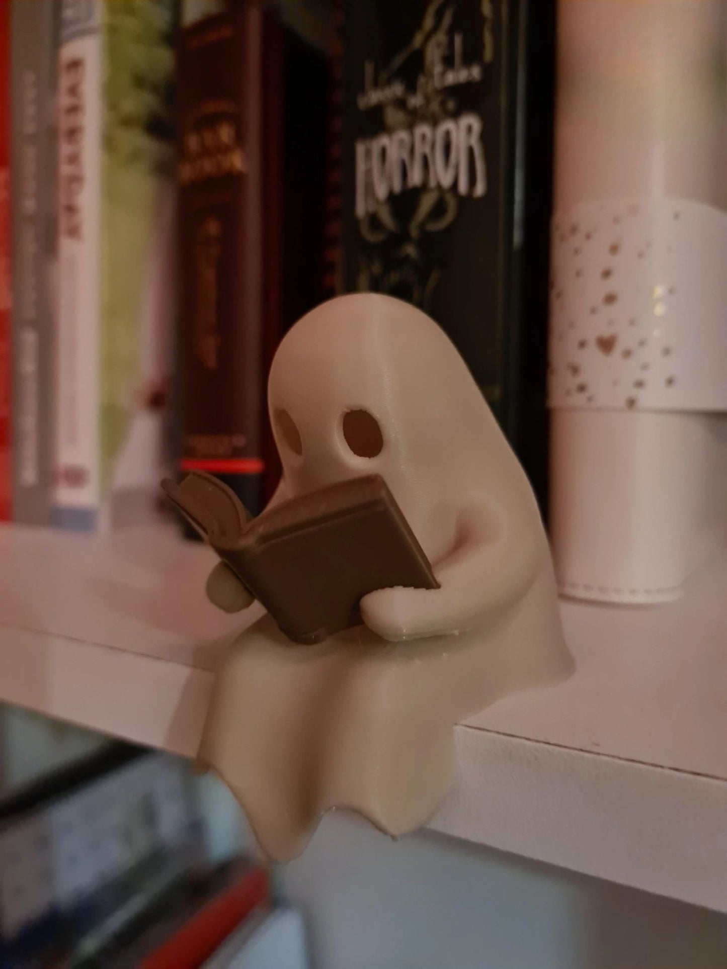 Halloween Party Decoration Favors Cute Little Ghost Sitting on A Shelf Reading A Book with Flickering Ornament Gift Spooky Idea