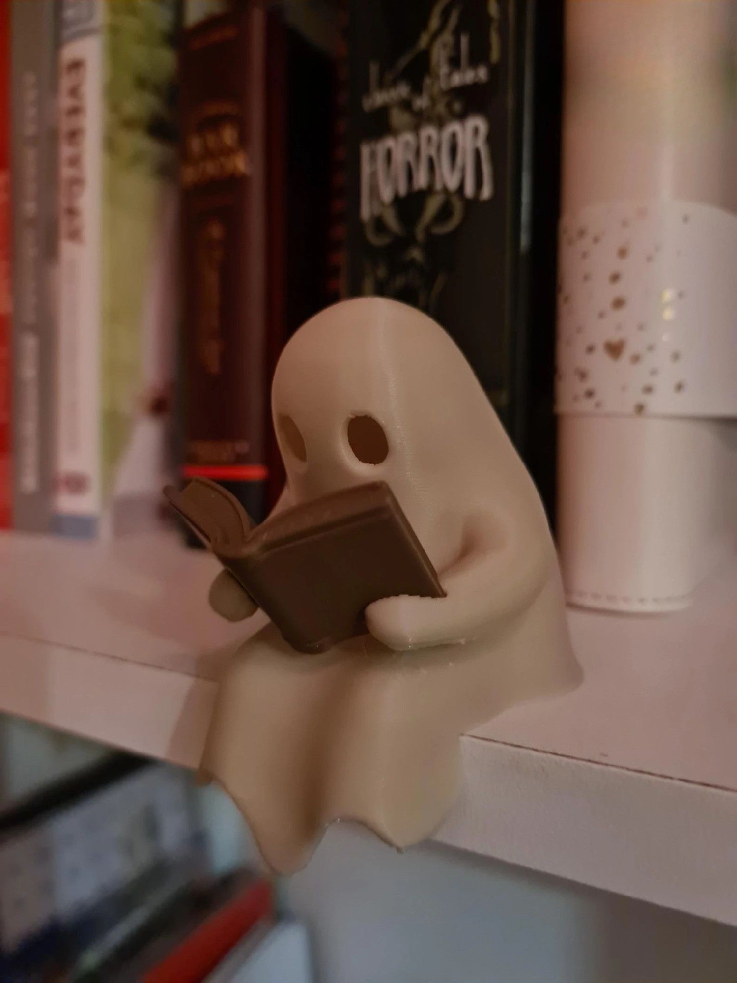 Halloween Party Decoration Favors Cute Little Ghost Sitting on A Shelf Reading A Book with Flickering Ornament Gift Spooky Idea