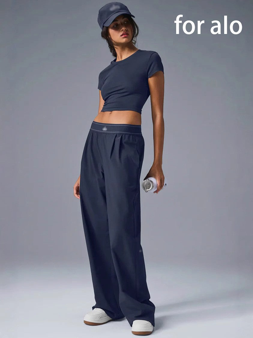 for aIo New Women's Sports Yoga Pants Wide Leg Quick Dry Elastic Waist Straight Trousers Fitness Casual Solid Black Summer Wear