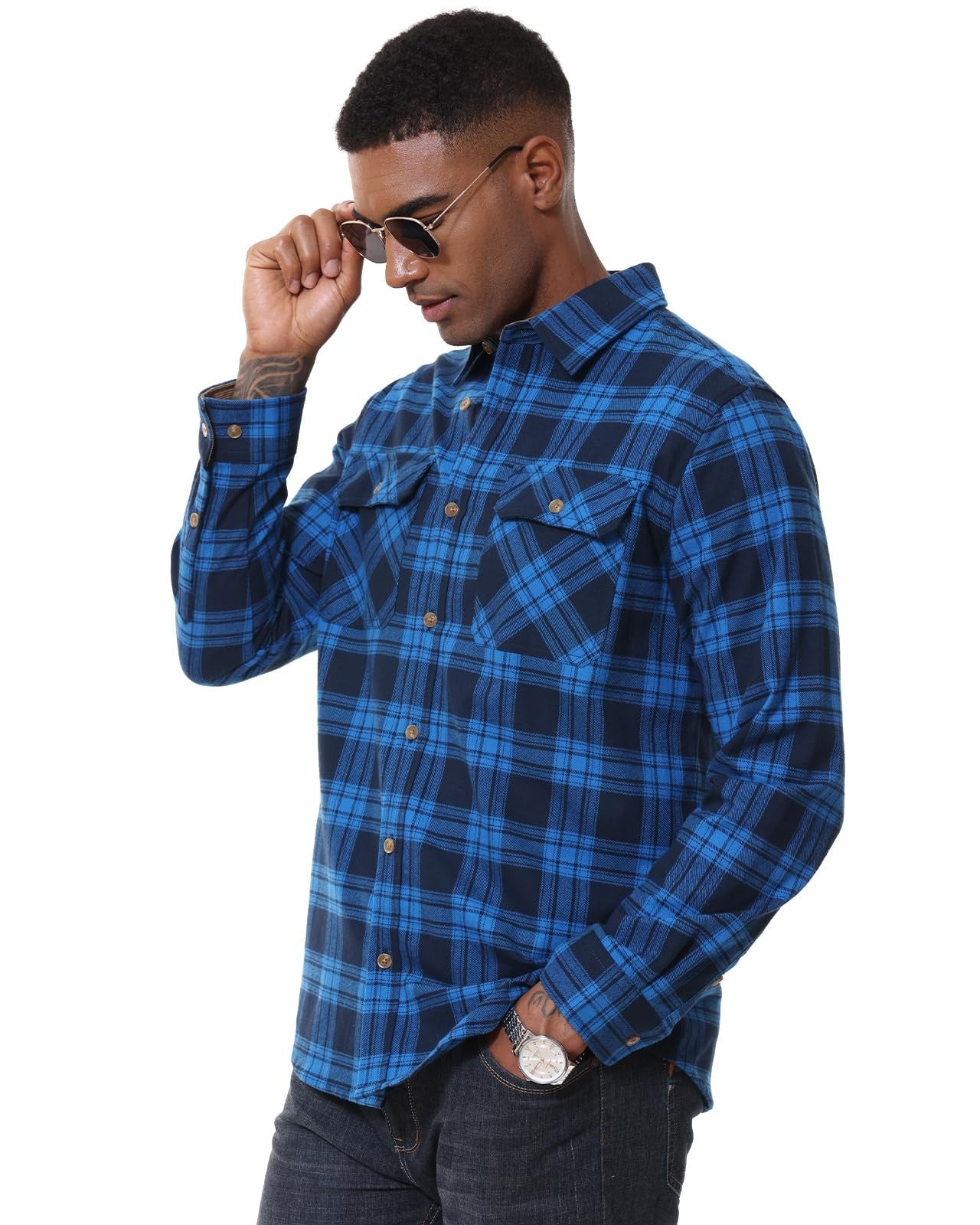 MAGCOMSEN Flannel Shirts Men's Long Sleeves Cotton Long Sleeve Plaid Shirt with 2 Pockets Button Down Casual Corduroy Shirt Male