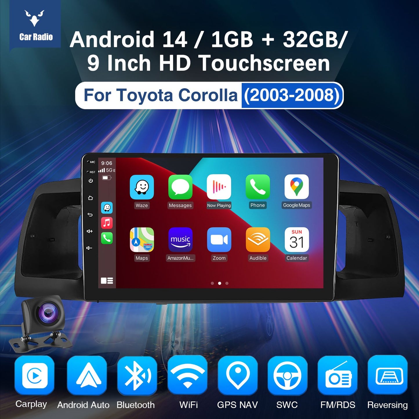 Rádio Automotivo 9" Android 14 Para Toyota Corolla E120 EX 2000 2001 2002 2003 2004 2Din Player Multimídia GPS Navi Central Multimídia WIFI