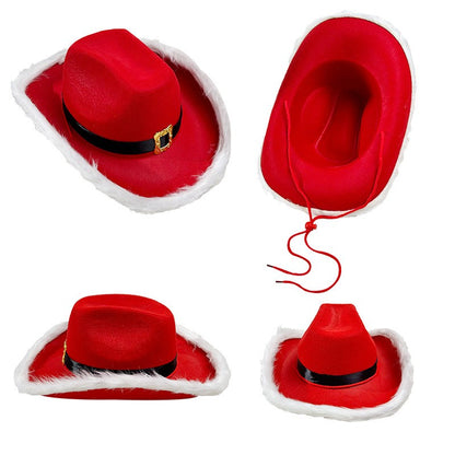 Red Christmas Cowboy Hat with Feather & Gold Buckle, Western Party Hat for Women Men, Floppy French Jazz Cap for Xmas