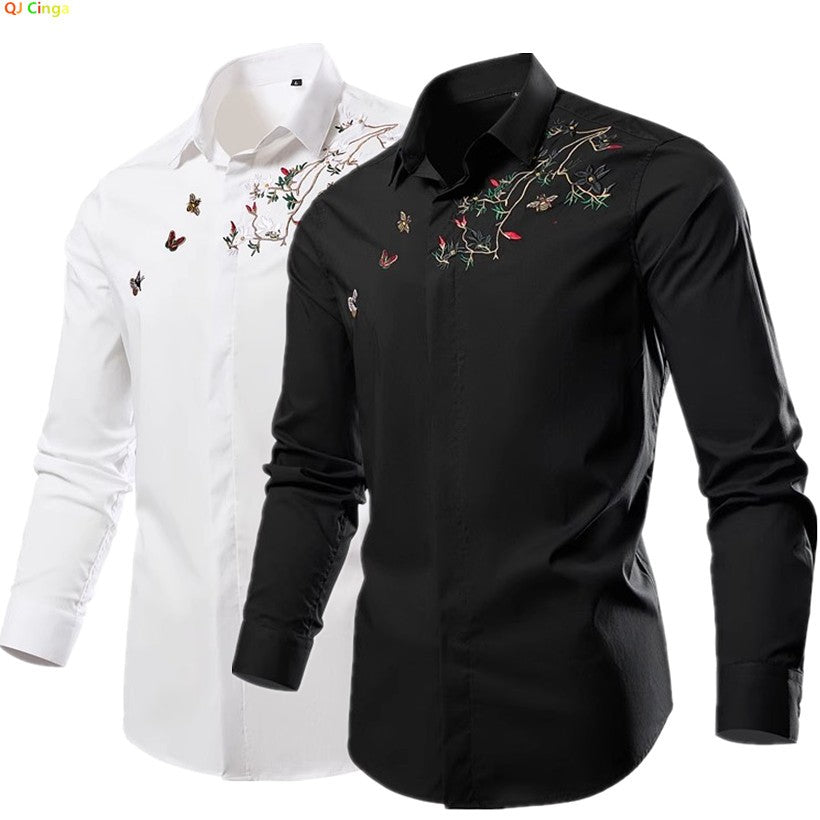 Black Mens Embroidered Long Sleeve Shirt, Black Single Breasted Lapel Casual Shirts, Asian Size M-6XL