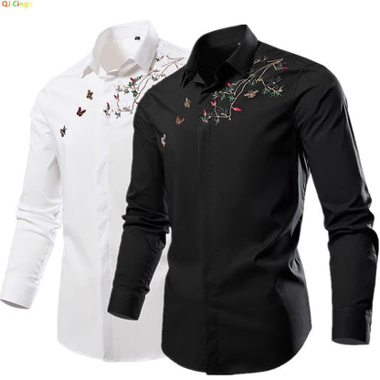 Black Mens Embroidered Long Sleeve Shirt, Black Single Breasted Lapel Casual Shirts, Asian Size M-6XL