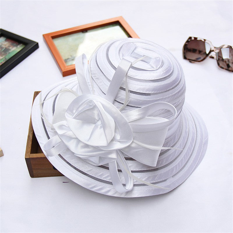 Chapéus de Sol de Organza Femininos Elegantes Chapéu Bucket para Mulheres Chapéu de Festa de Casamento na Igreja Chapéu Fedora Floral Grande de Aba Larga da Moda de Verão