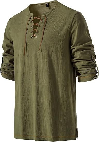 Men's Medieval Lace Up Tunic Shirt Renaissance Viking Pirate Costume Long Sleeve Retro Tops with Belt for Halloween Cosplay