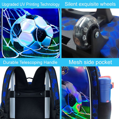 Mochila de Rodinhas para Meninos, Mochila Escolar com Rodas - Mochila Escolar Primária com Rodas - Kit Mochila de Futebol 3 Peças