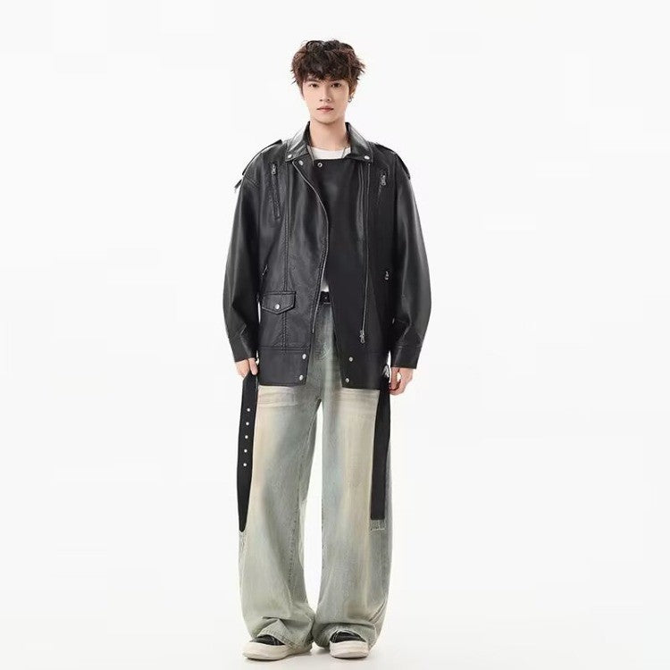 American Retro High Street Loose Motorcycle Biker Black Pu Faux Leather Jackets with Belt Spring Autumn Male Zipper Coat Outwear