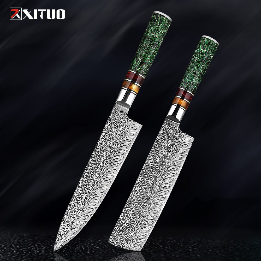 Conjunto de Facas de Cozinha XITUO Luxury Damascus Japonesas Chef Santoku Faca Cutelo Descascar Faca de Pão Cabo de Resina Sintética Destaque