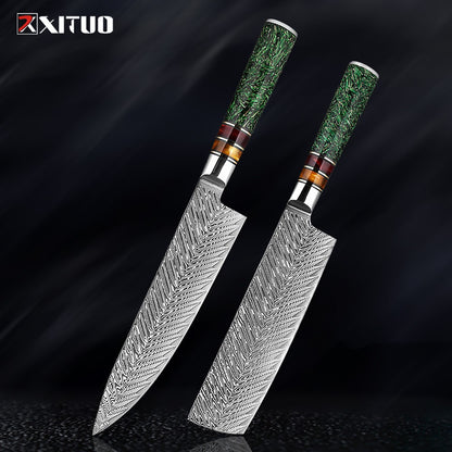 Conjunto de Facas de Cozinha XITUO Luxury Damascus Japonesas Chef Santoku Faca Cutelo Descascar Faca de Pão Cabo de Resina Sintética Destaque