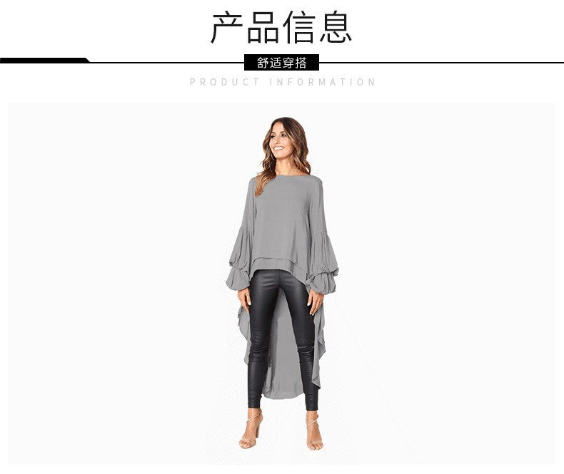 Elegant Solid Color Chiffon Shirts Women O Neck Lantern Sleeves Irregular Long Blouses Tops Temperament Lady Commuting Clothing