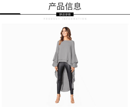 Elegant Solid Color Chiffon Shirts Women O Neck Lantern Sleeves Irregular Long Blouses Tops Temperament Lady Commuting Clothing