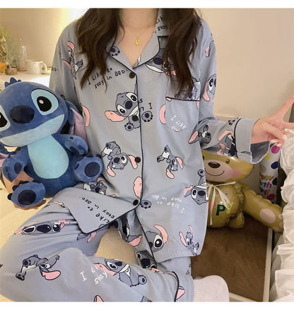 Hot Stitch Disney Faux Cotton Pajamas Spring Autumn Cartoon Female Pyjamas Kawaii Suit Long Sleeves Winter Home Sleepwear Gift