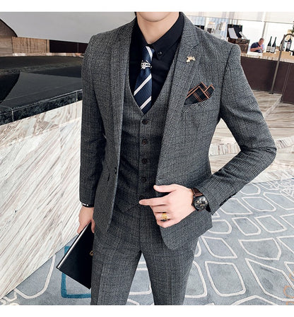 Men's High-quality Plus Size 5XL-M 3-piece Suit (suit+vest+pants) Business Fashion Plaid Suit Groom's Wedding Banquet Set