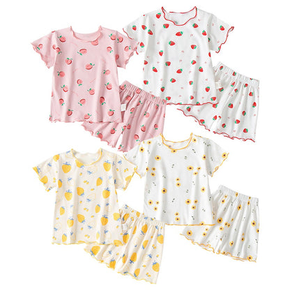 Girls Summer Pajama Sets Stylish Cartoon Pattern Printing Short Sleeve Top and Pants Made from Luxurious Cozy Ice Silk Material