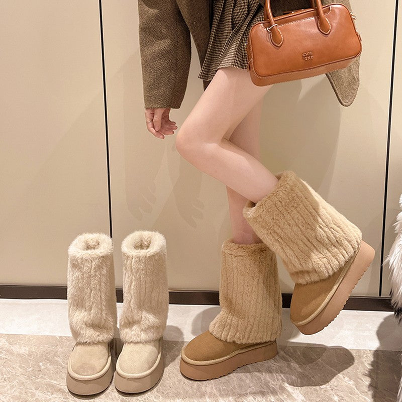 Women's Winter Snow Boots Outdoor Luxury Furry Faux Fox Fur Boots Woman Plush Warm Platform Shoes New Fashion Bottes Big Size