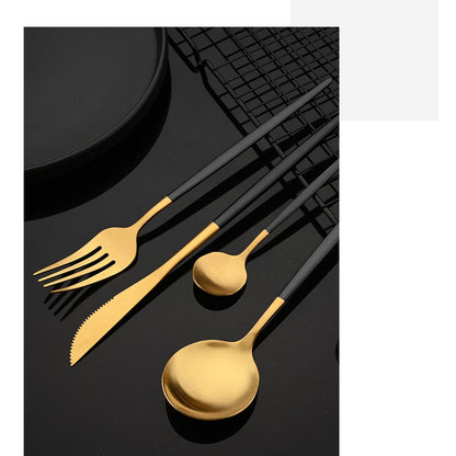 Talheres de Aço Inoxidável Preto Dourado Kit de Talheres Faca de Jantar Colher de Café Garfo Garfo de Salada Colher Faqueiro