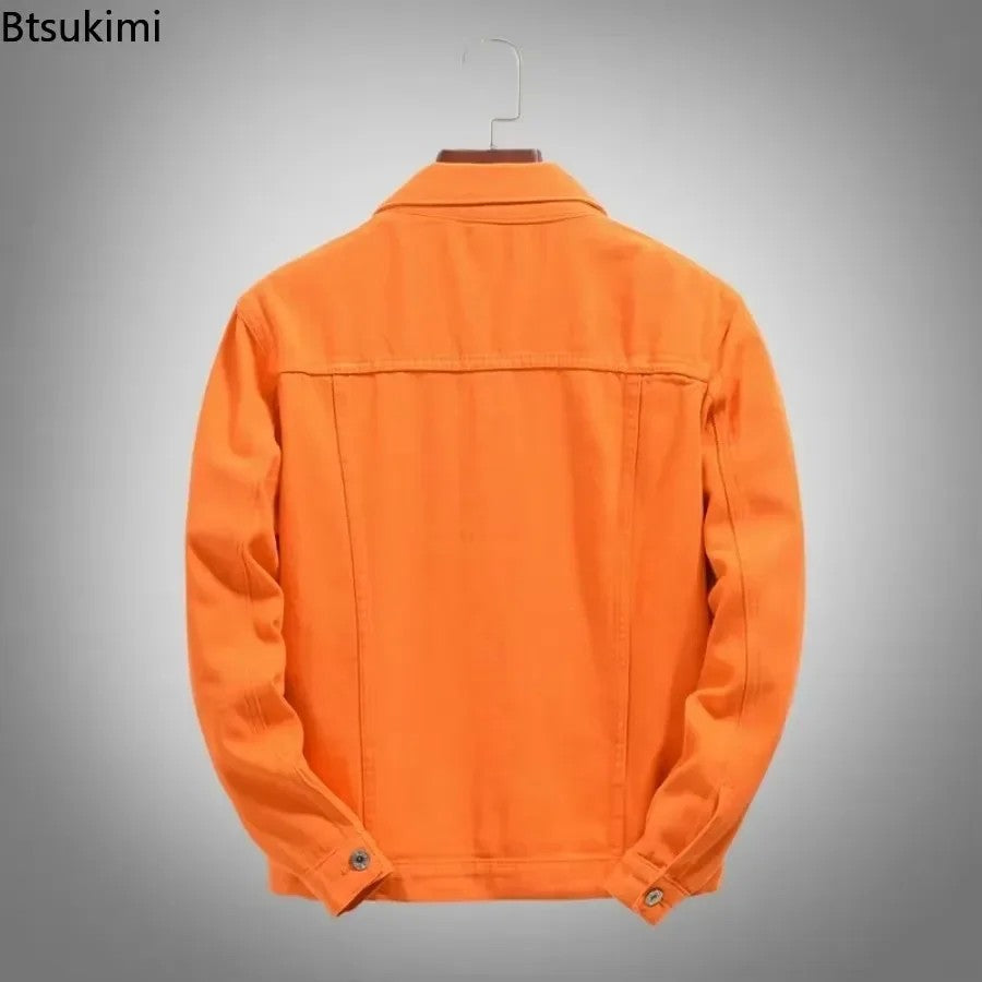 2025 Hot Sale Men's Casual Denim Jacket Korean Style Loose Cotton Handsome Tops Trend Orange Lapel Hip Hop Jean Jacket Plus Size