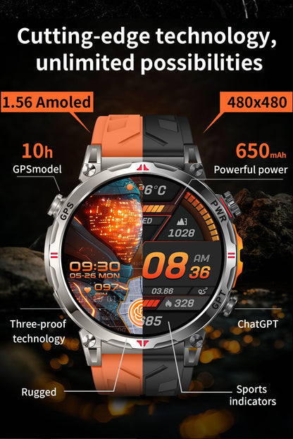 Smartwatch Esportivo 2025 com GPS, GPT, AMOLED de 1,56 polegadas, 488*488, Monitoramento de Frequência Cardíaca, Oxigênio no Sangue e Pressão Arterial, 3ATM