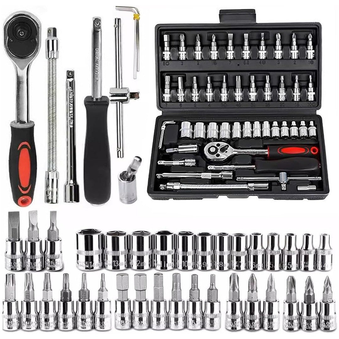 Conjunto de Soquetes de 46 Peças com Encaixe de 1/4", Chave Catraca Métrica com Soquetes CR-V de 4-14mm, Kits de Ferramentas Mecânicas para Reparo Automotivo Doméstico