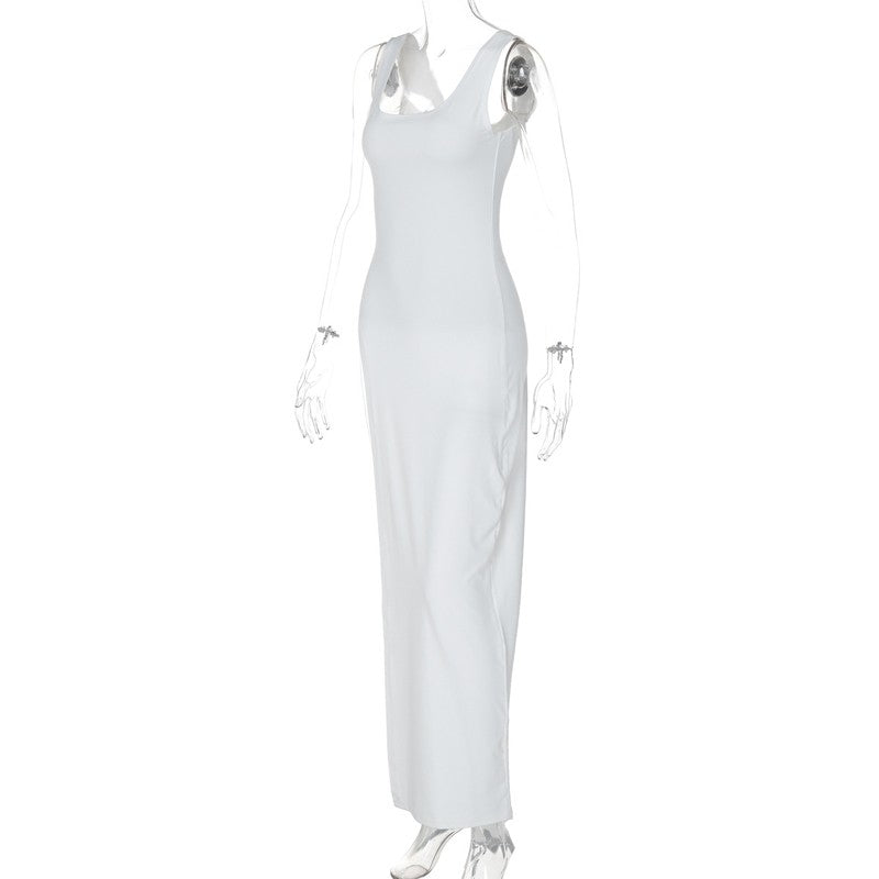 2025 Sexy Sleeveless Side High Split Dress Solid Backless Women Midi Dresses Sum