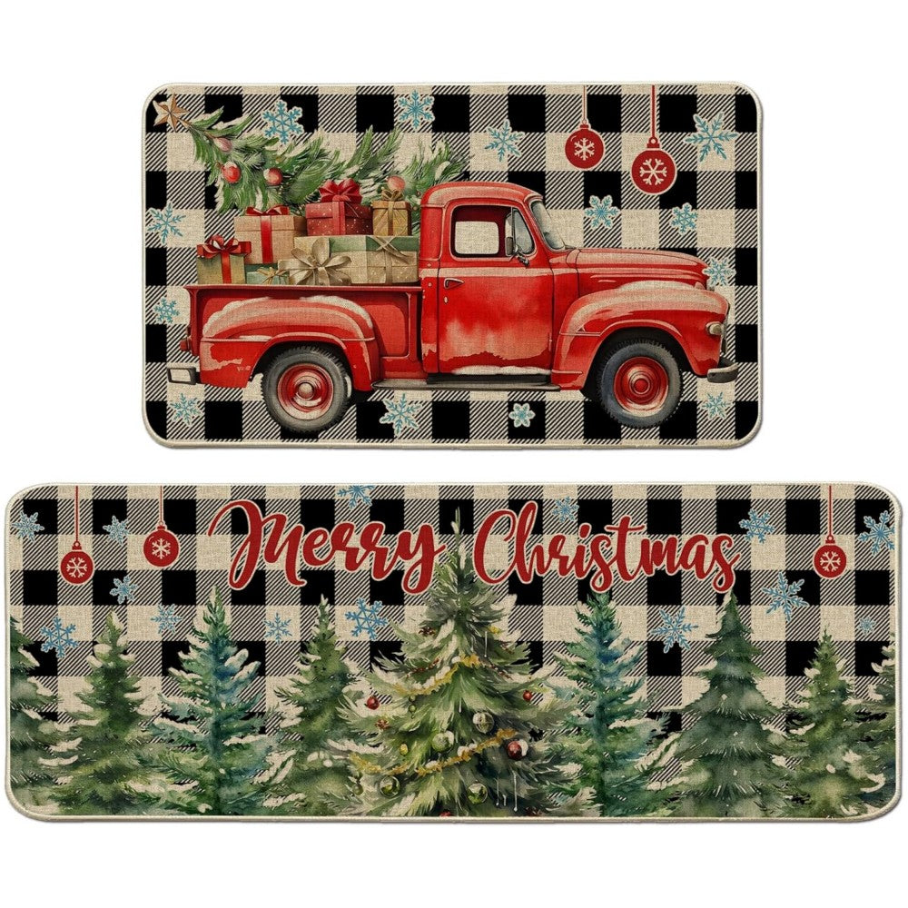 VIKAMA 1/2pcs Christmas Kitchen Rugs Truck Christmas Tree Bedroom Hallway Rugs Entry Welcome Doormat Home Decoration