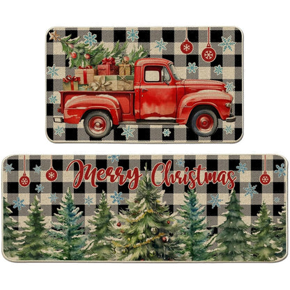 VIKAMA 1/2pcs Christmas Kitchen Rugs Truck Christmas Tree Bedroom Hallway Rugs Entry Welcome Doormat Home Decoration
