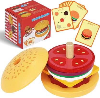 Wooden Burger Sandwich Stacking Toys For Toddler Kids Preschool Learning Educational Toys Pretend Play Food Kitchen Toys Gifts
