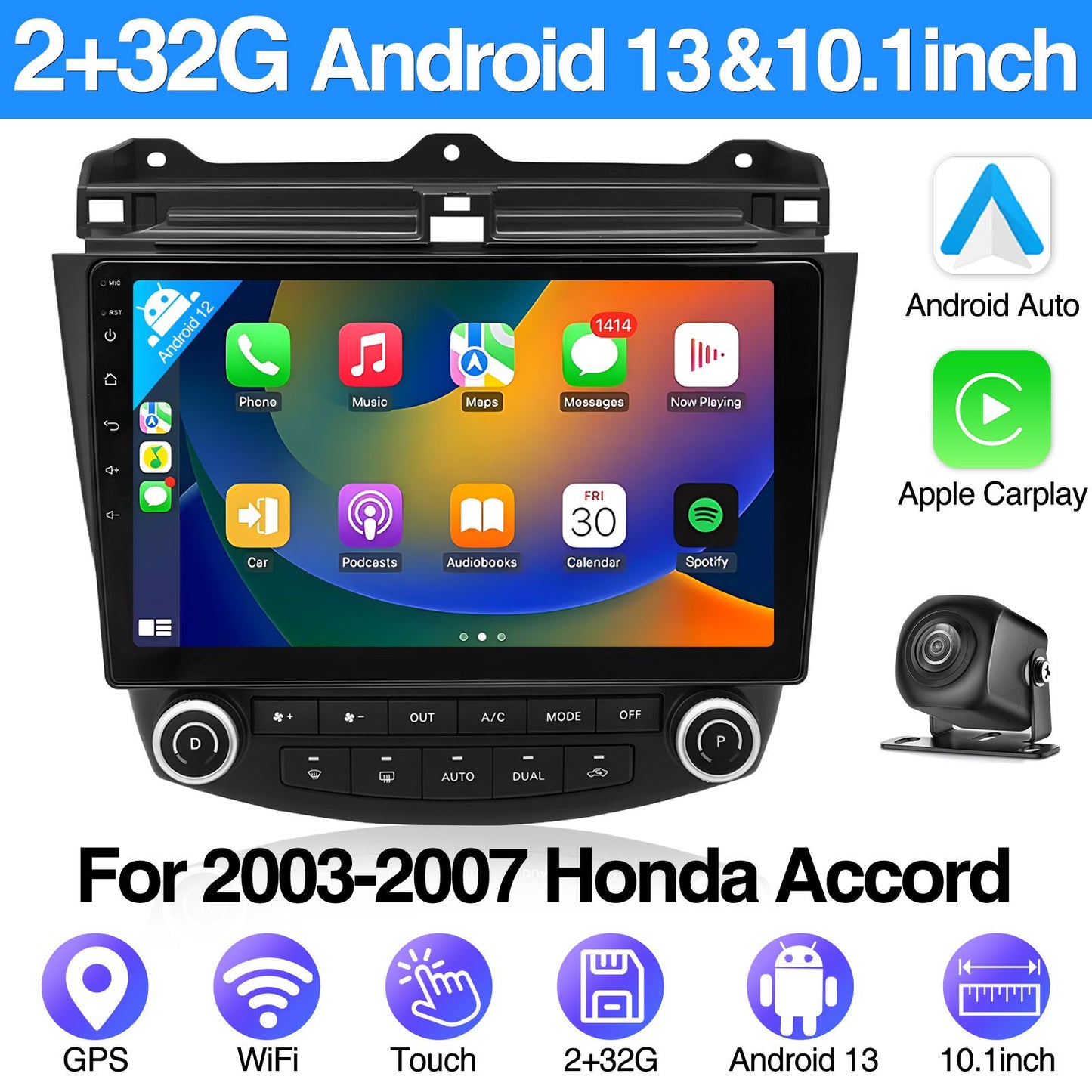 10.1 Inch Android13 Wireless Car Carplay Android Navigation Reversing Camera All-in-one 2+32G CarPlay GPS For Honda Accord 03-07