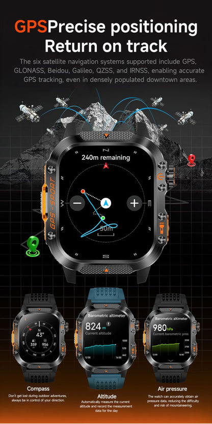 2026 Militar Grau Built-in GPS Posição 2.01" Smart Watch Homens 3ATM Impermeável Bússola 540mAh Bluetooth Chamada Smartwatches IOS