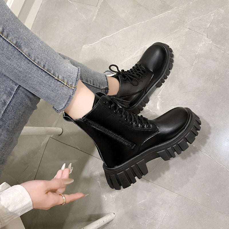 2024 New Autumn and Winter Comfortable Mid-calf Women's Shoes Thick-soled Lace-up Side Zipper Women's Boots Large Size
