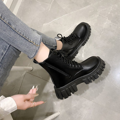 2024 New Autumn and Winter Comfortable Mid-calf Women's Shoes Thick-soled Lace-up Side Zipper Women's Boots Large Size