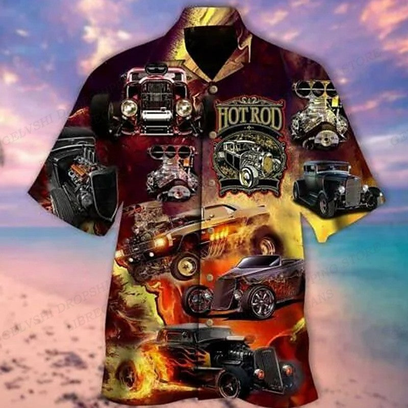 Men's Hawaiian Shirt Car Graphic Print Shirts Men Fashion Casual Beach Blouse Vocation Lapel Motorcycle Camisa