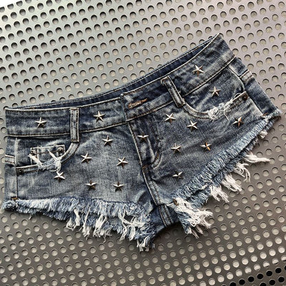 Slimming Skinny Denim Hot Pants - Vintage Wash Ultra Low-Rise Distressed Y2K Sexy Shorts for Baddie Street Style