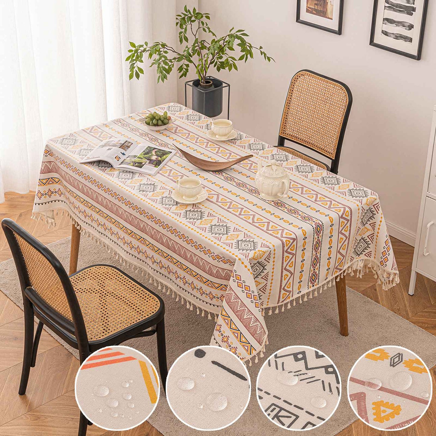Vintage Boho Tassel Table Cloth Waterproof Cotton Linen Bohemian Tablecloth Patio Outdoor Wrinkle Free Table Protector Covers