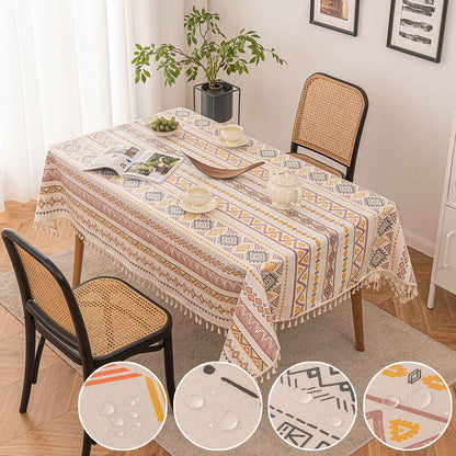 Vintage Boho Tassel Table Cloth Waterproof Cotton Linen Bohemian Tablecloth Patio Outdoor Wrinkle Free Table Protector Covers