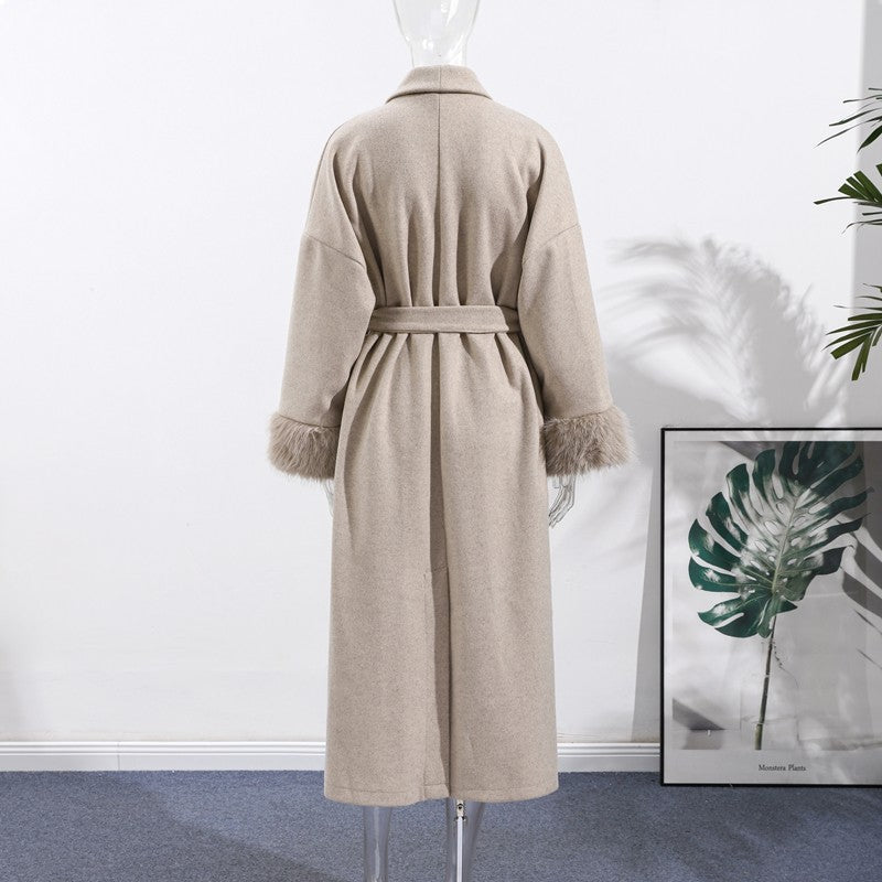 Elegant Faux Fur Cuffs Woolen Coat With Belt For Women Fashion Lapel Long Sleeve Lace Up Maxi Jacket Lady 2025 Autumn Outerwear