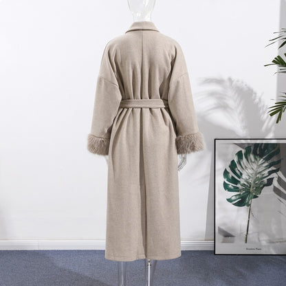 Elegant Faux Fur Cuffs Woolen Coat With Belt For Women Fashion Lapel Long Sleeve Lace Up Maxi Jacket Lady 2025 Autumn Outerwear