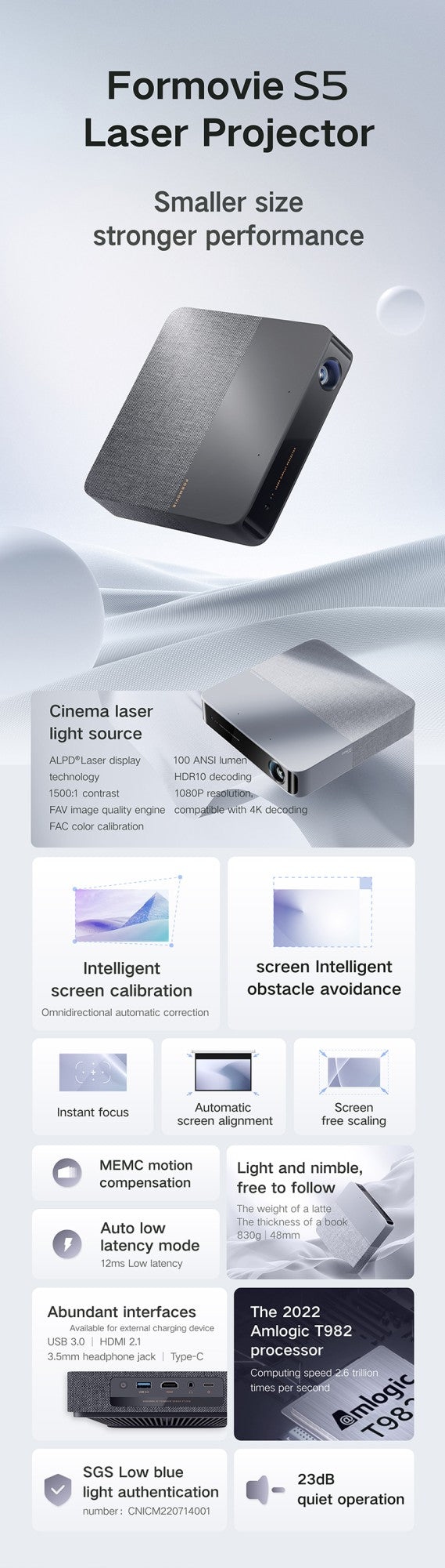 Formovie S5 Laser Projector FHD 1080P 1100ANSI Lumens Beamer Portable Mini For Home Smart Theater ALPD Bluetooth Outdoor Cinema