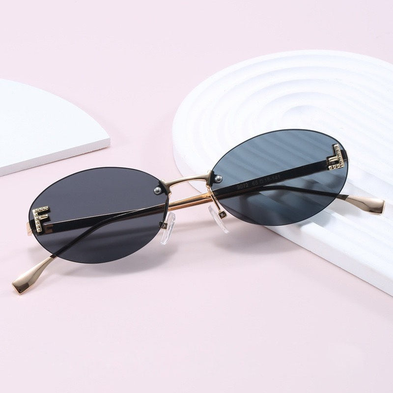 Diamond Letter "F" Rimless Sunglasses Women Luxury Brand Metal Frame Black Small Oval Sun Glasses Unsiex Elegant Shades UV400